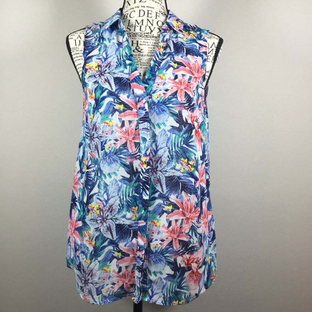 H&M exotic lilies blouse collar button down sleeveless vacation summer S (4)